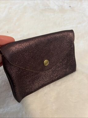 Genuine leather Metallic Purple Envelope Card /zip Wallet